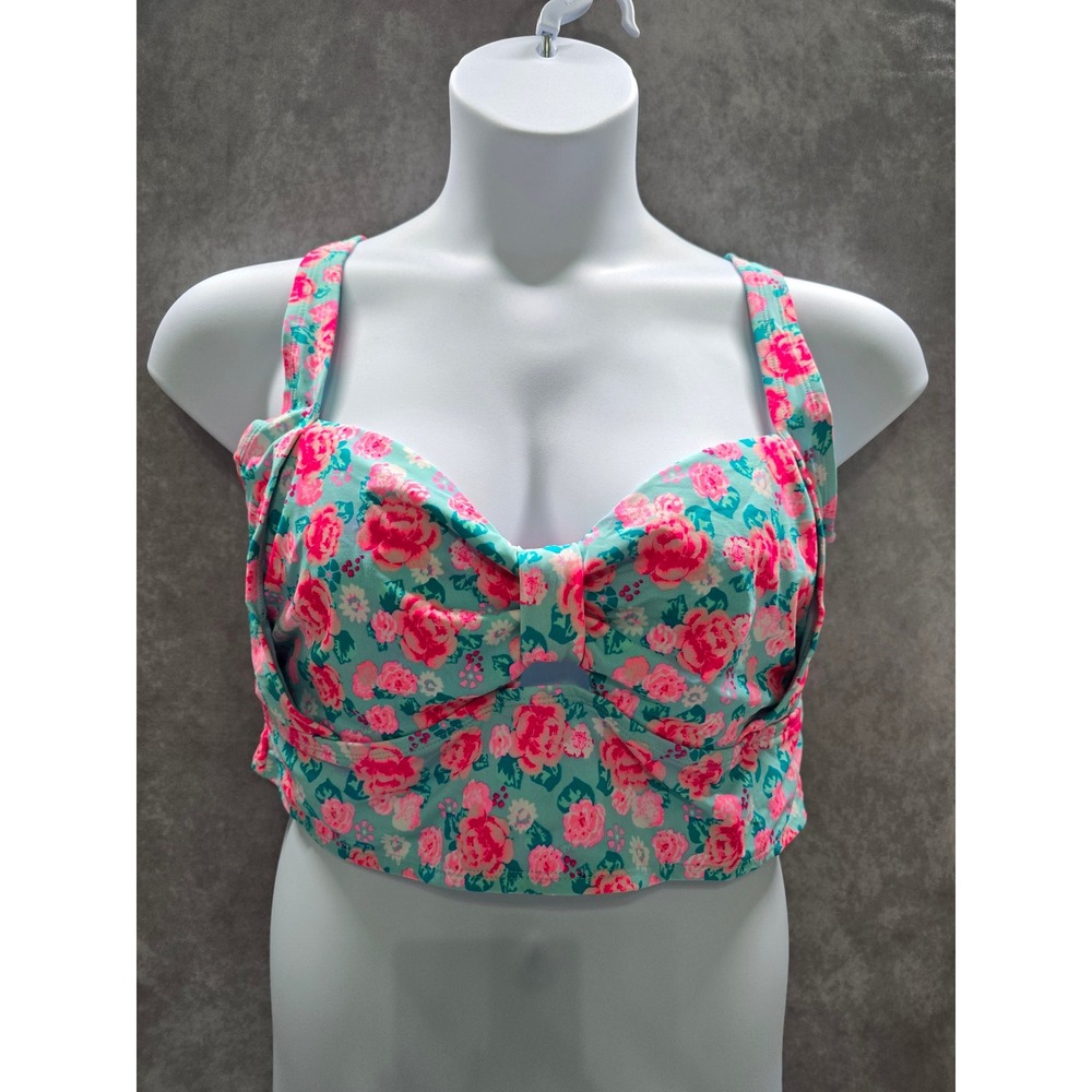 Joe Boxer Blue Floral Bikini Boho Bow Coquette Top Swim Plus 2X